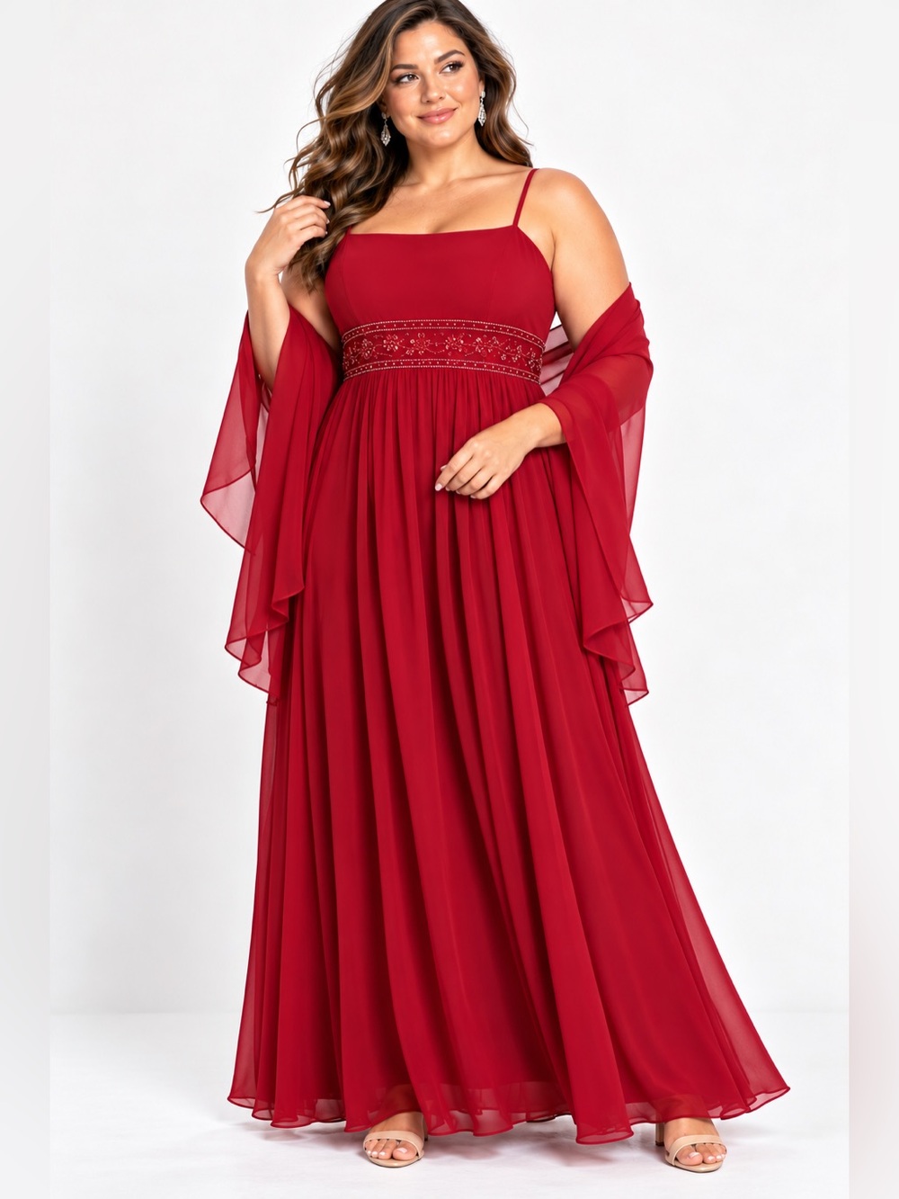 Elegant Red Spaghetti-Strap Evening Gown with Shawl